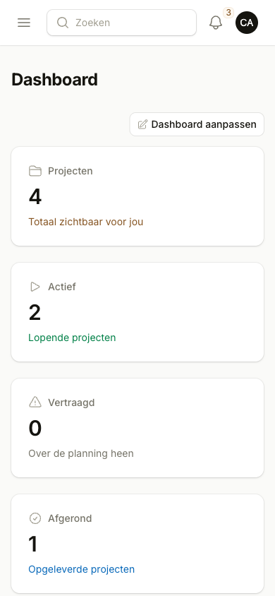 Dashboard met je openstaande acties